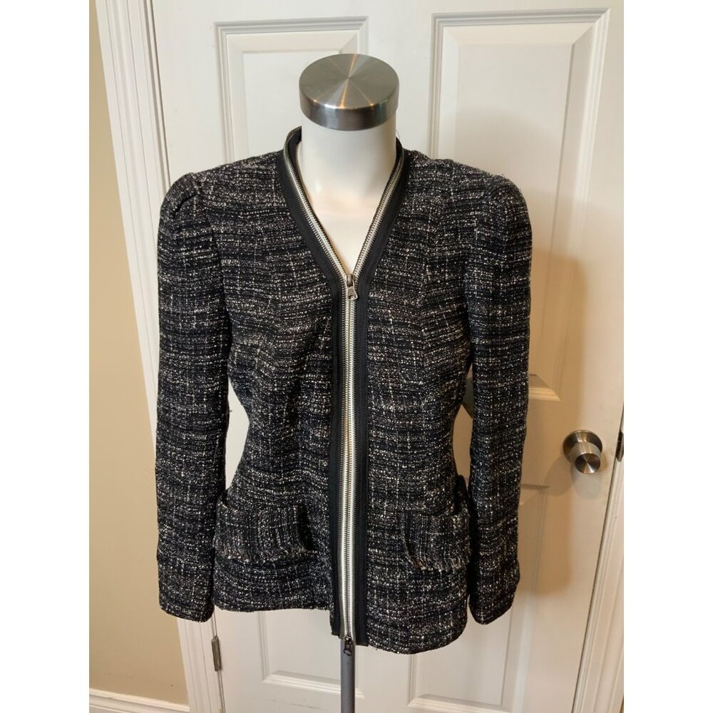 Nanette Lepore Black & White Tweed Zip-Up Jacket W/ Zipper Trim, Size 4